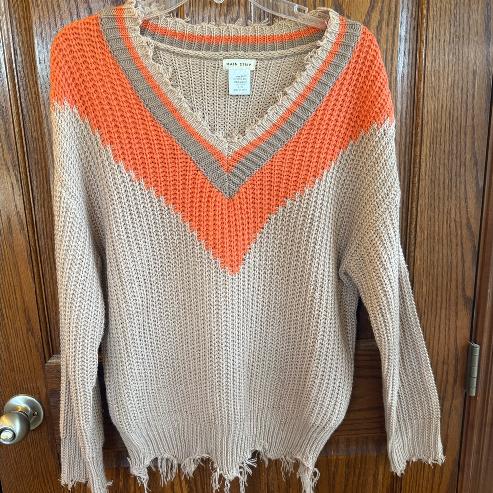 Main Strip Women's Orange and Tan V-Neck Sweater